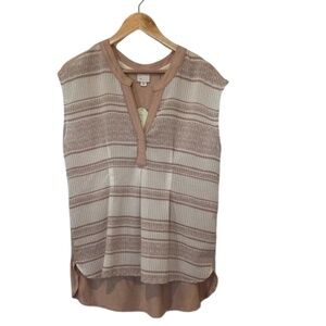 Anthropologie Maeve Cream and Tan Sleeveless Blouse with Mandarin Collar